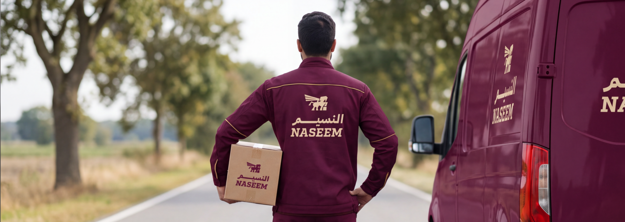Naseem Express Courier delivering parcel in Baghdad alongside branded van